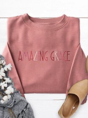 Amazing Grace Embroidered Crewneck Sweatshirt- Heather Mauve